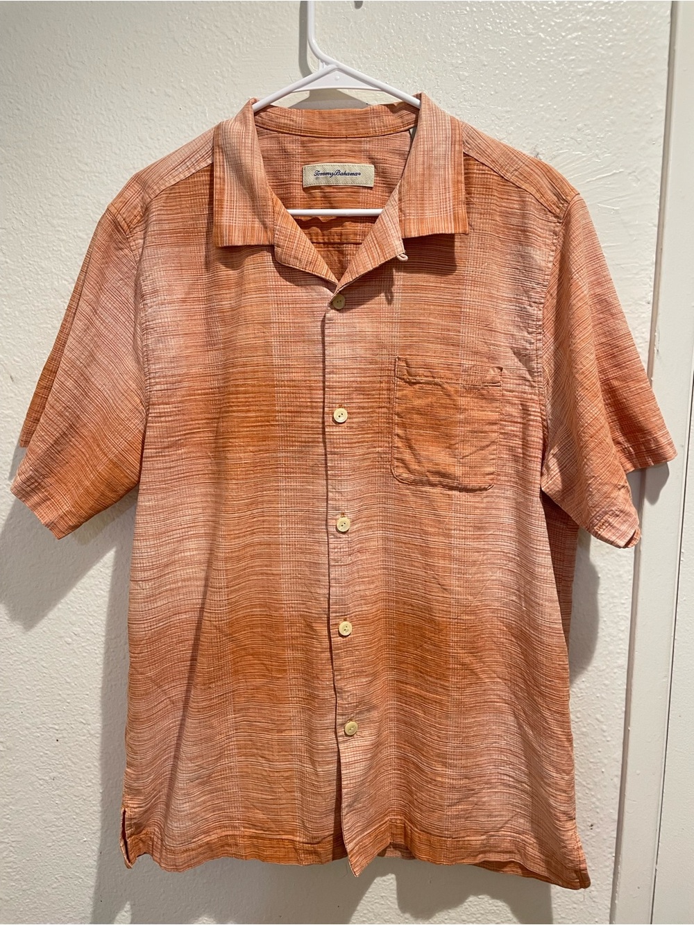 Tommy Bahama Men's Large Orange Striped Silk Cotton Short Sleeve Pocket Shirt